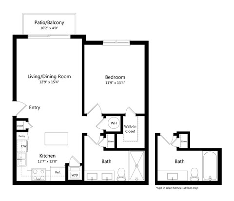 Floor plan for 1 bed, 1 bath, 763 sqft